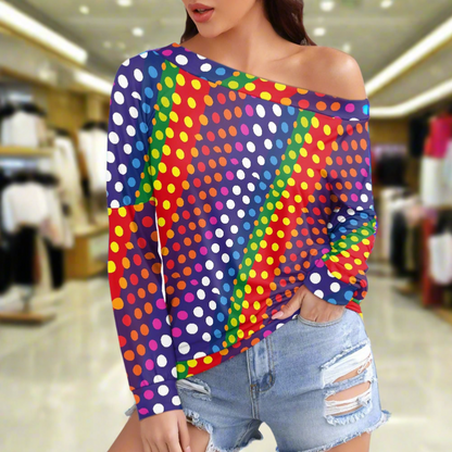 LGBTQ-Friendly Rainbow Polka Dot Trendy Off-The-Shoulder Oversized Top with Long Sleeves for Women by Luxtrini