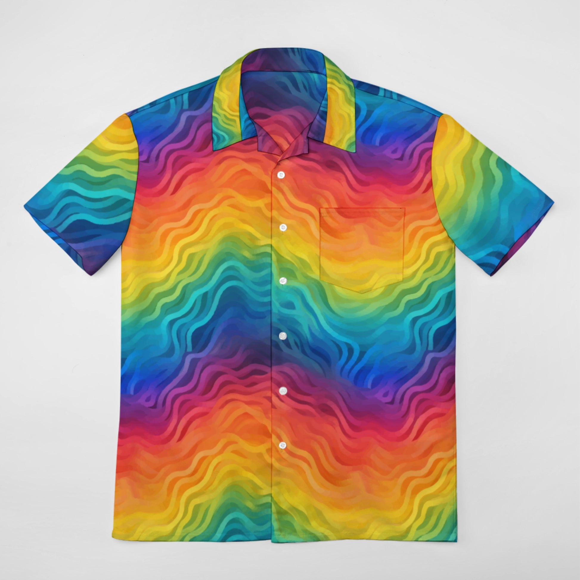 Rainbow Button-Up Shirt for Men – Bold Summer Short Sleeve, Lightweight Pride Festival Shirt, Relaxed Fit white