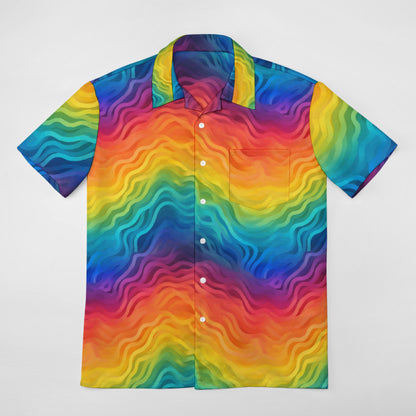 Rainbow Button-Up Shirt for Men – Bold Summer Short Sleeve, Lightweight Pride Festival Shirt, Relaxed Fit white