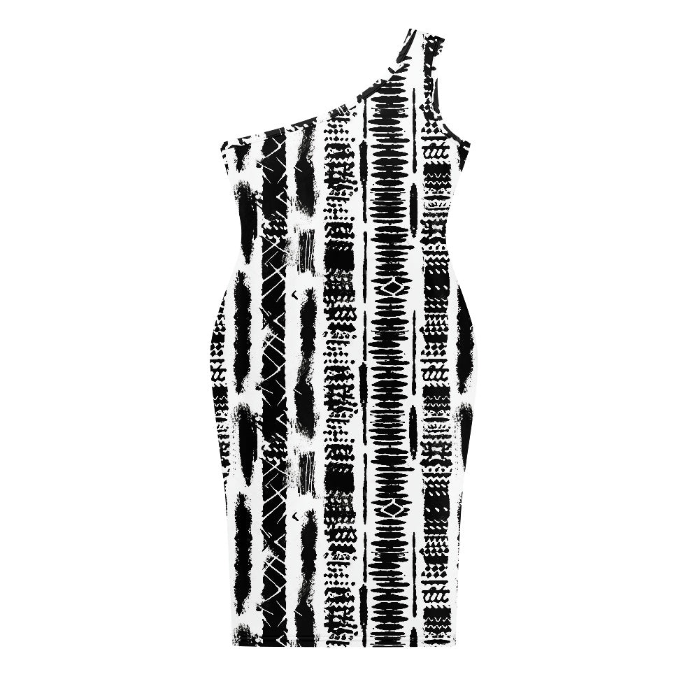 Discover Elegance: Luxtrini's One-Shoulder Slim Dress - Ethnic African B&W