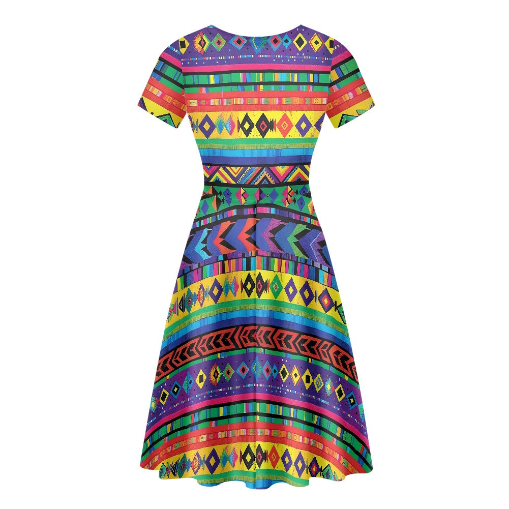 Women Scoop Neck Short Sleeve Ruffle Dress