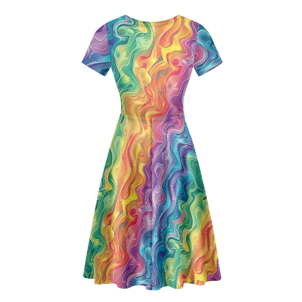 Women Scoop Neck Short Sleeve Ruffle Dress