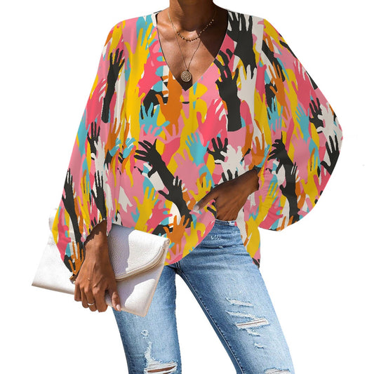 V-Neck Chiffon Puff Sleeve Blouse by Luxtrini 4XL