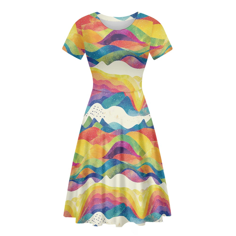 Women Scoop Neck Short Sleeve Ruffle Dress white