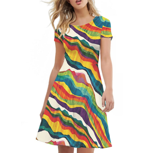 Women Scoop Neck Short Sleeve Ruffle Dress
