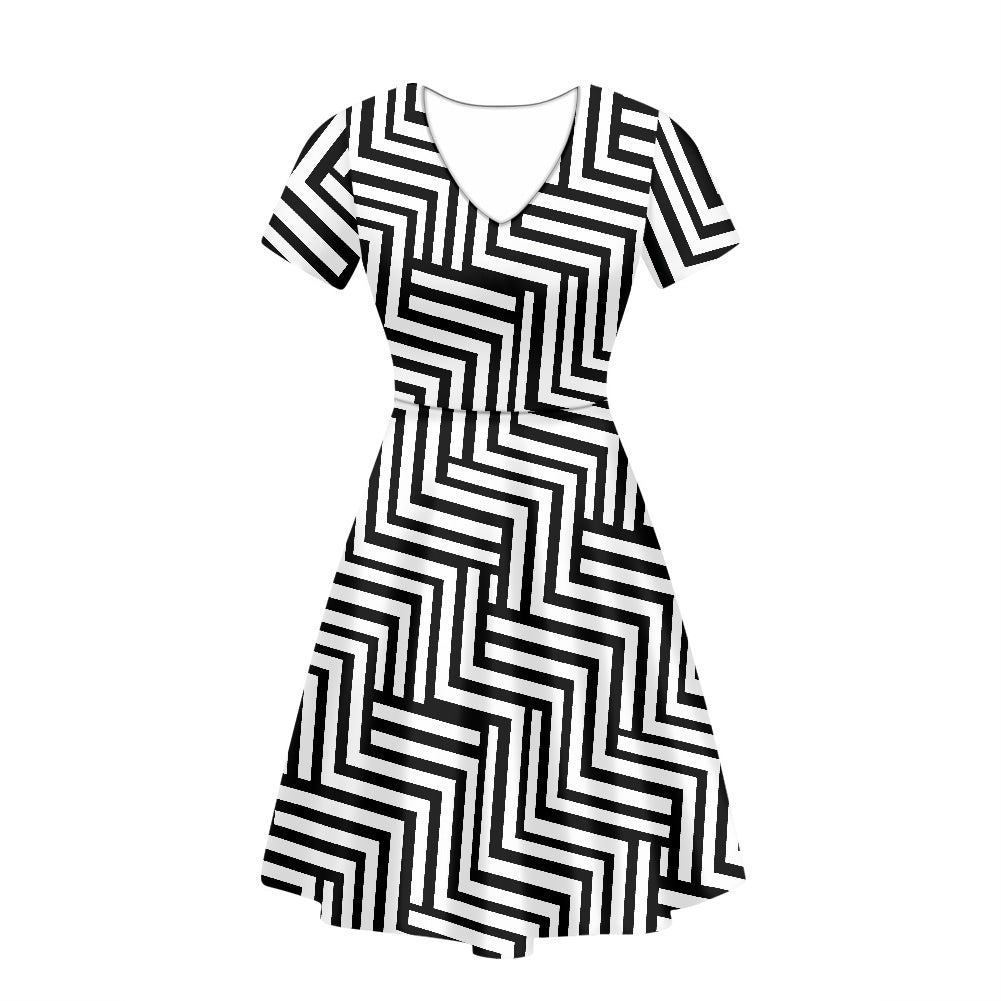 Black and White Chevrons Women V-Neck Short Sleeve Ruffle Dress white
