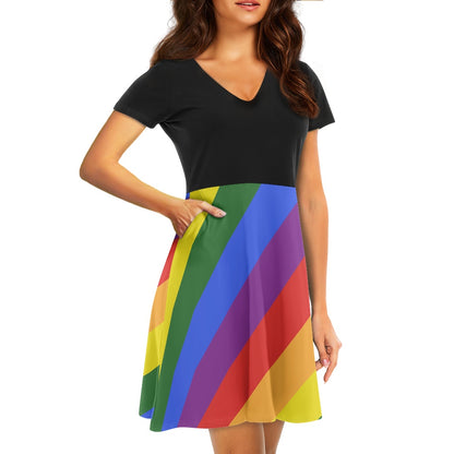Rainbow Women short Sleeve Black Ruffle Dress