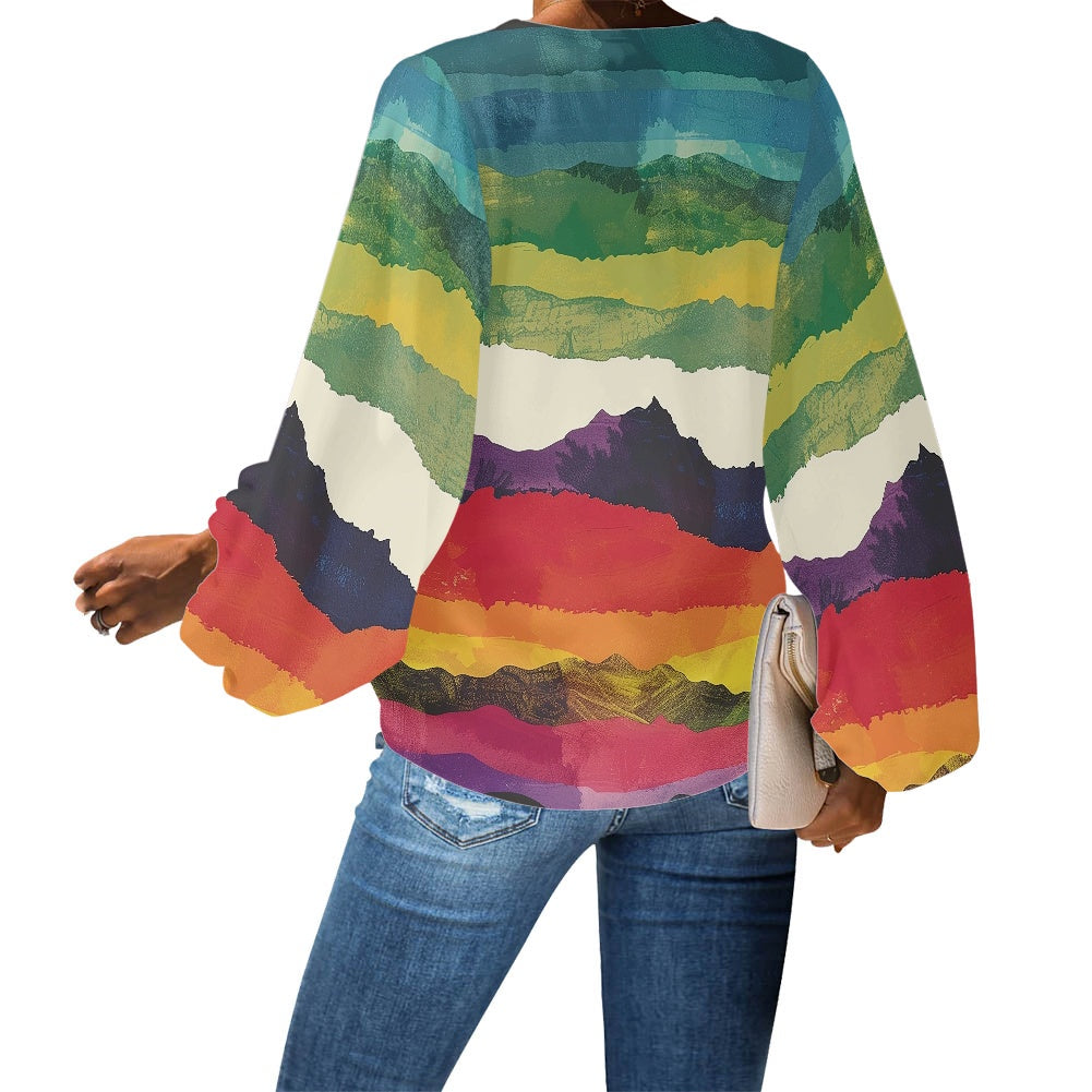 V-Neck Chiffon Puff Sleeve Blouse by Luxtrini