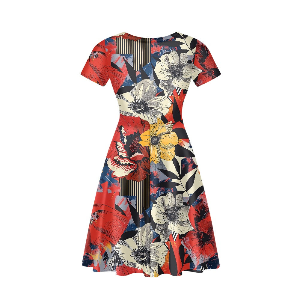 Bloom & Lines: Chic Women’s V-Neck Short Sleeve Ruffle Dress with Floral and Geometric Design