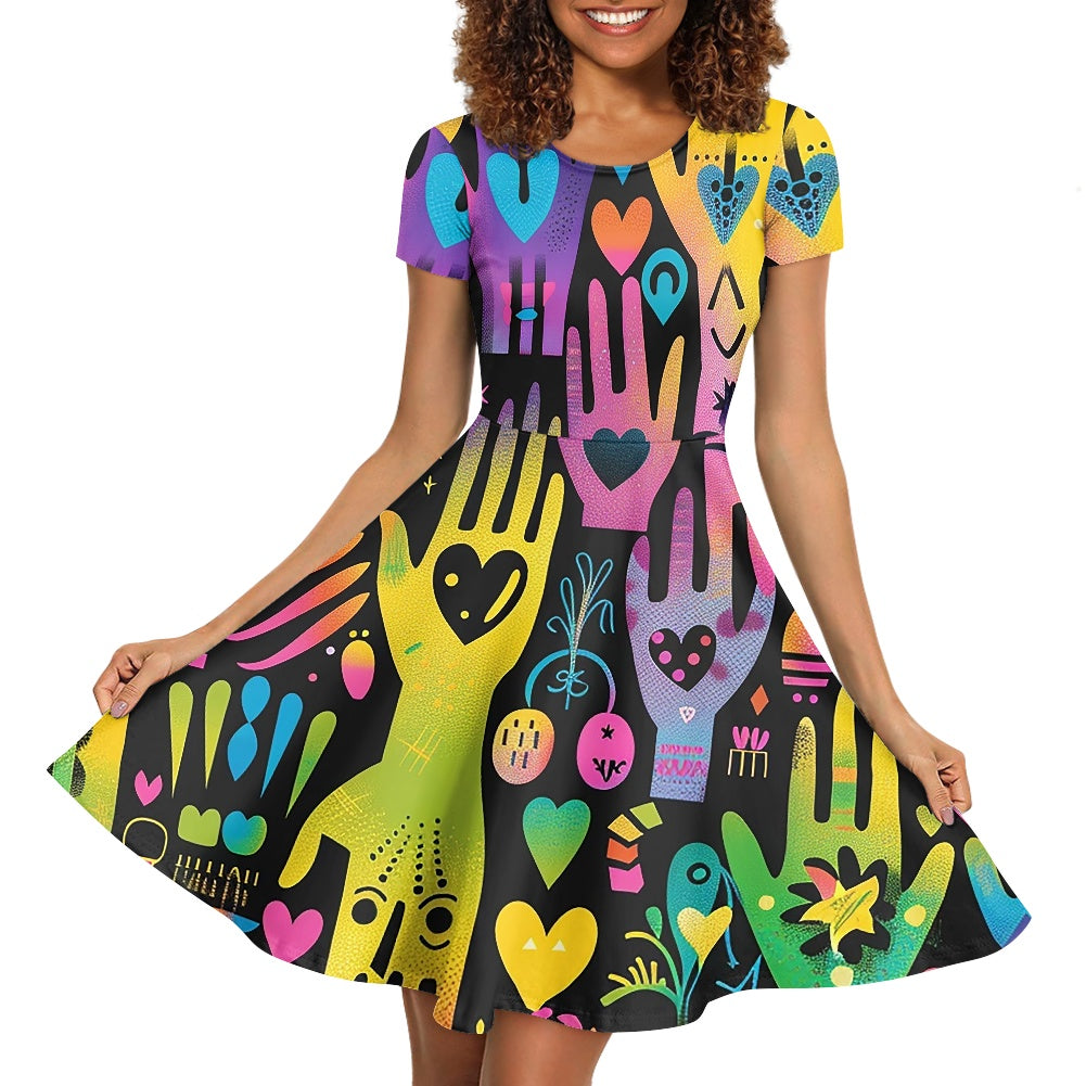 Women Scoop Neck Short Sleeve Ruffle Dress