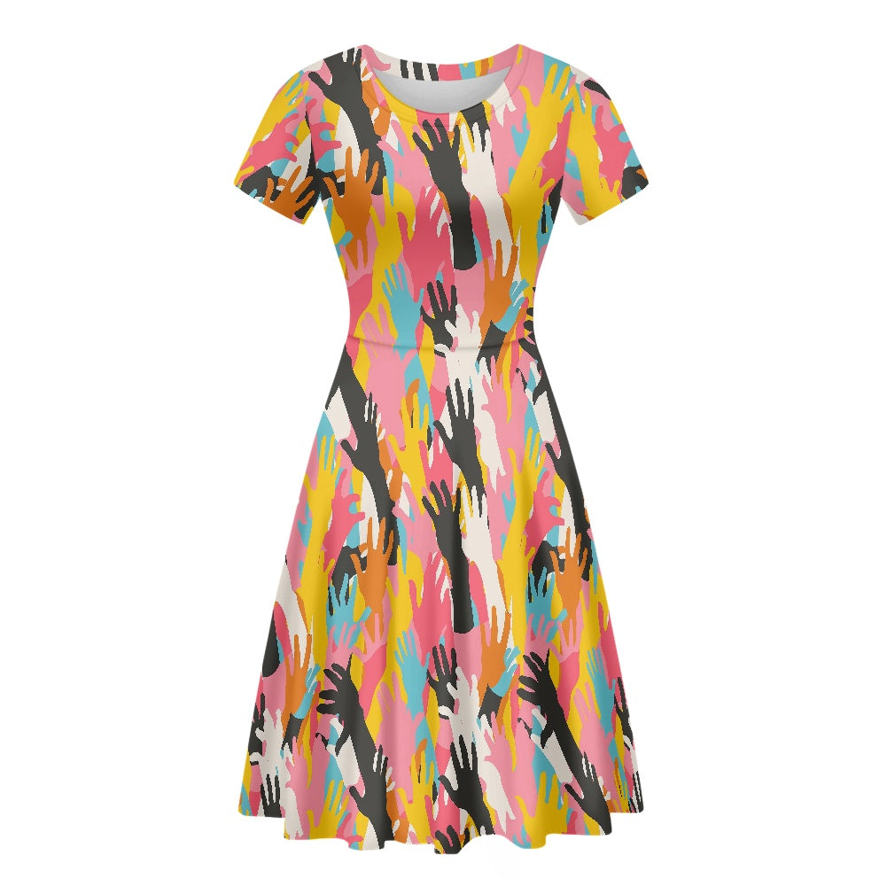 Handprint Scoop Neck Ruffle Dress | LGBTQ+ Pride | Short Sleeve Women’s Casual Dress white