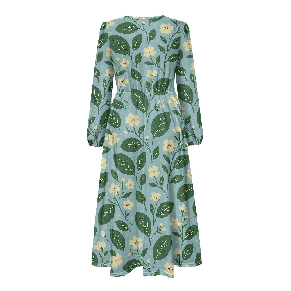 Garden Bloom Tie Waist Midi Dress – Eco-Friendly V-Neck Long Sleeve Floral Dress | Luxtrini Handmade