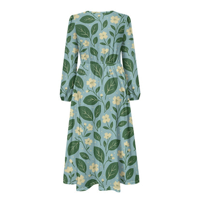 Garden Bloom Tie Waist Midi Dress – Eco-Friendly V-Neck Long Sleeve Floral Dress | Luxtrini Handmade