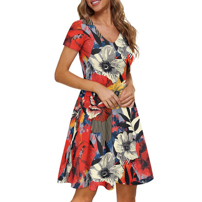 Bloom & Lines: Chic Women’s V-Neck Short Sleeve Ruffle Dress with Floral and Geometric Design