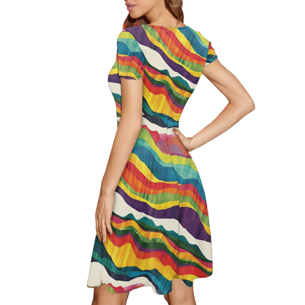 Women Scoop Neck Short Sleeve Ruffle Dress