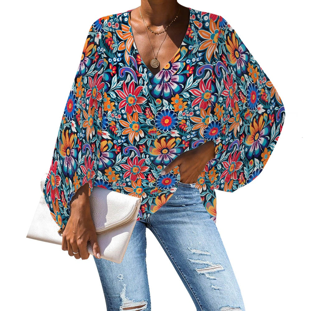V-Neck Puff Sleeve Chiffon Blouse white