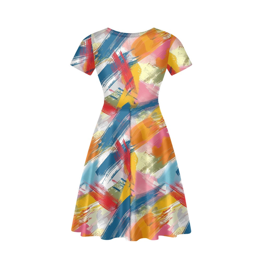 Women V-Neck Short Sleeve Ruffle Dress