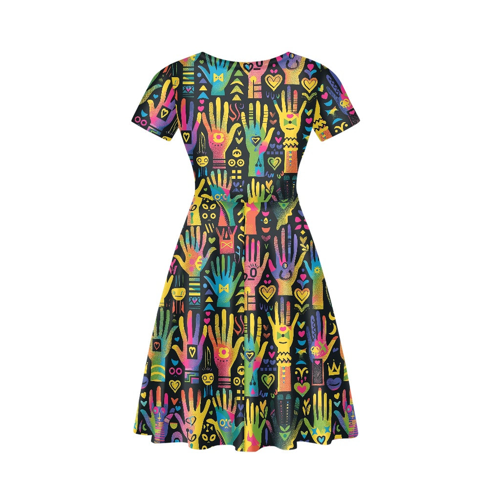 Women V-Neck Short Sleeve Ruffle Dress