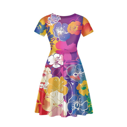 Rainbow Flowers Women V-Neck Short Sleeve Ruffle Dress
