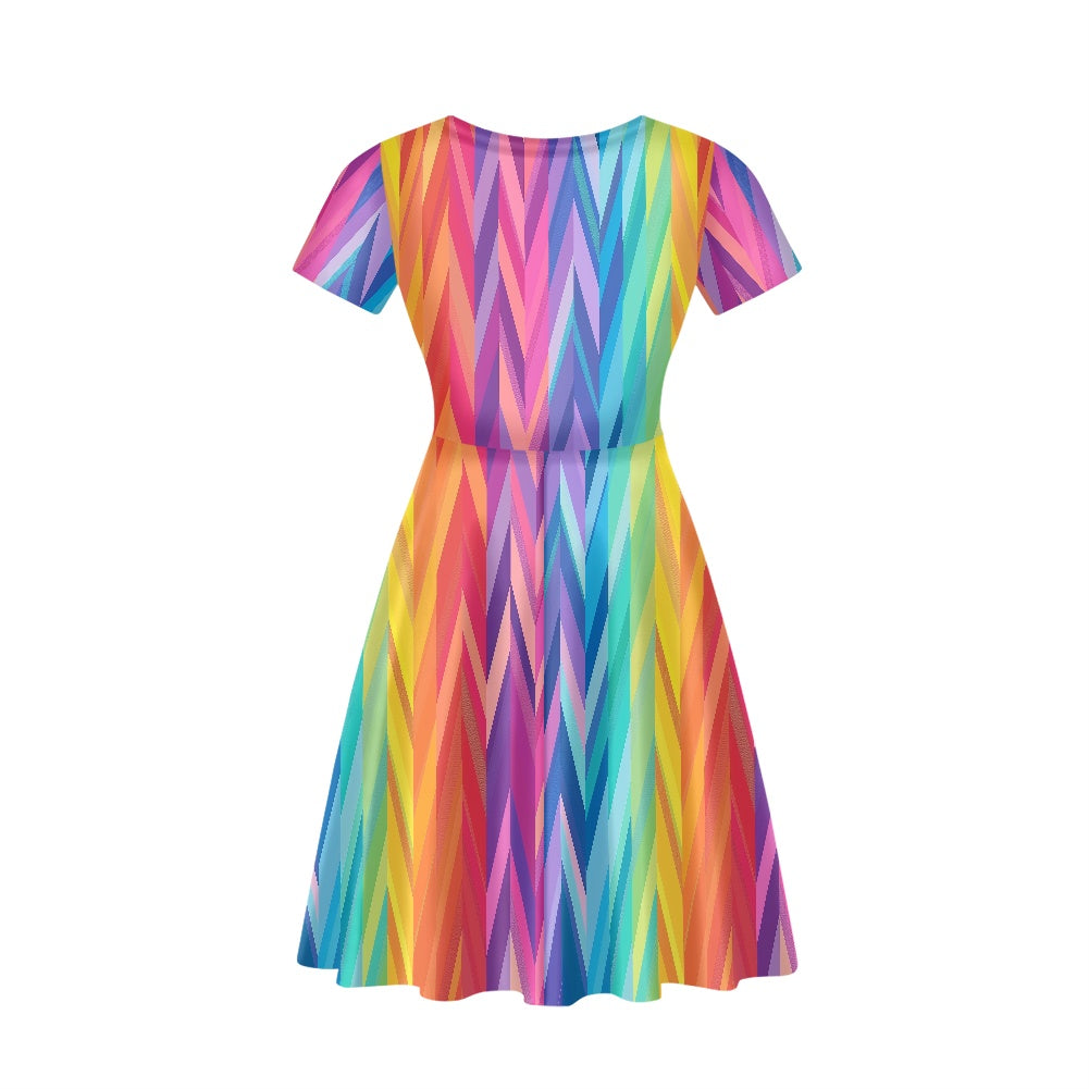 Rainbow Chevrons Women V-Neck Short Sleeve Ruffle Dress