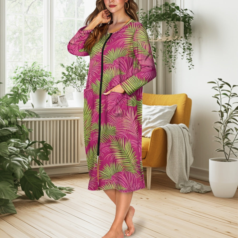 🌿 Tropical Serenity Zipper Nightdress – Luxuriously Soft Comfort