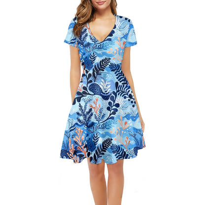 Women V-Neck Short Sleeve Ruffle Dress