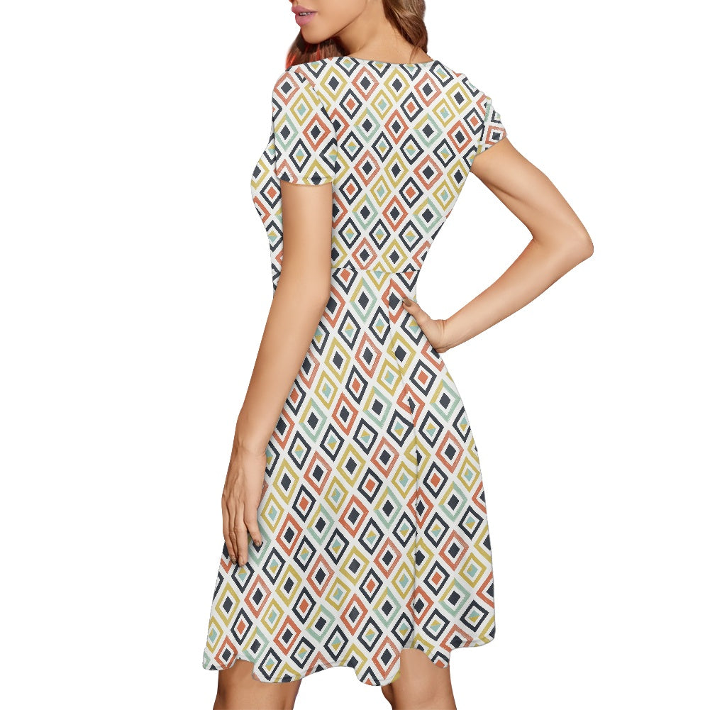 Multicolored Diamonds Women Scoop Neck Short Sleeve Ruffle Dress