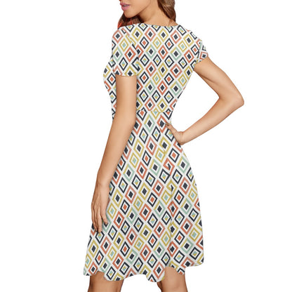 Multicolored Diamonds Women Scoop Neck Short Sleeve Ruffle Dress