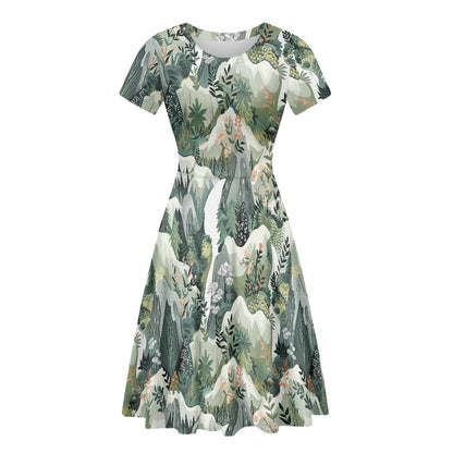 Women Scoop Neck Short Sleeve Ruffle Dress white