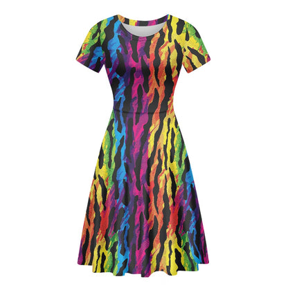 Women Scoop Neck Short Sleeve Ruffle Dress white