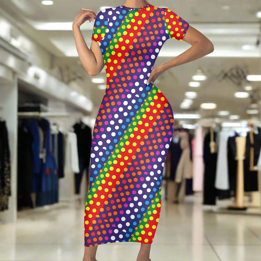 LGBTQ-Friendly Rainbow Polka Dot Elegant Form-Fitting Short Sleeve Midi Dress with Round Neckline – Tailored for Curves by Luxtrini