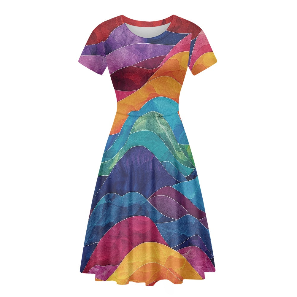 Women Scoop Neck Short Sleeve Ruffle Dress white