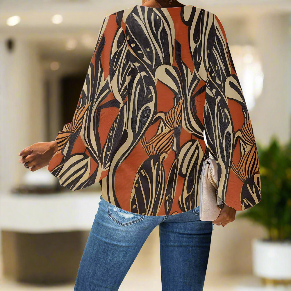 African Ethnic V-Neck Chiffon Puff Sleeve Blouse by Luxtrini