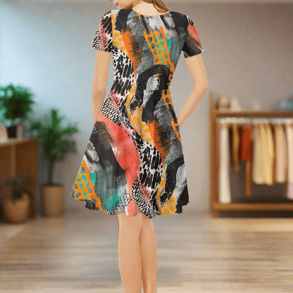 Abstract Animal Skin Women V-Neck Short Sleeve Ruffle Dress