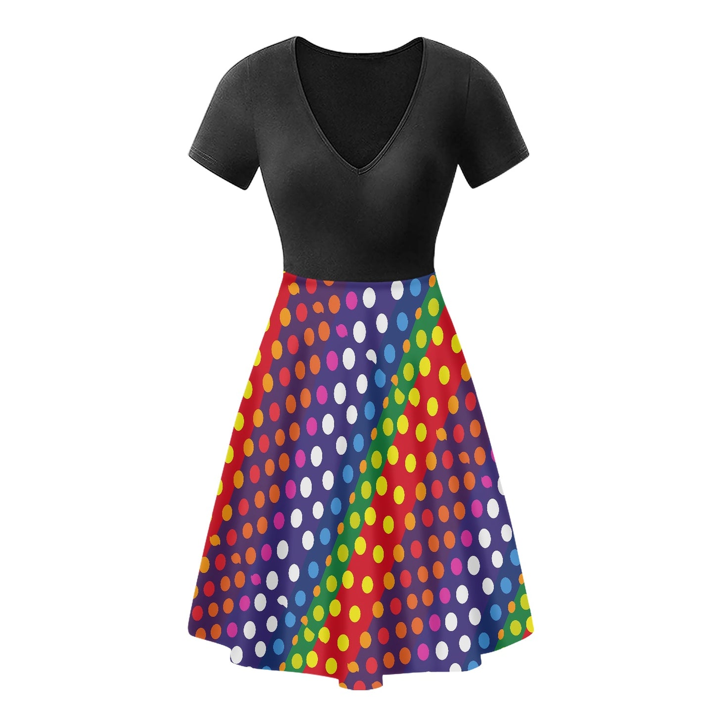 LGBTQ-Friendly Rainbow Polka Dot V-Neck Black Top Women short Sleeve Ruffle Dress by Luxtrini