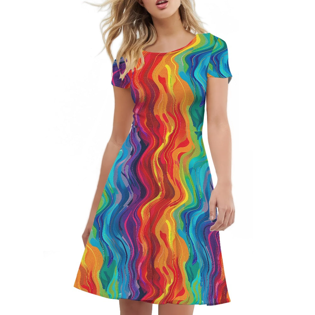 Women Scoop Neck Short Sleeve Ruffle Dress