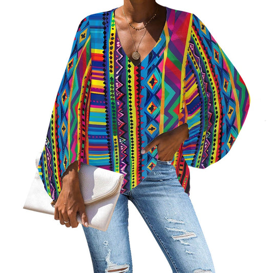 V-Neck Chiffon Puff Sleeve Blouse by Luxtrini 4XL