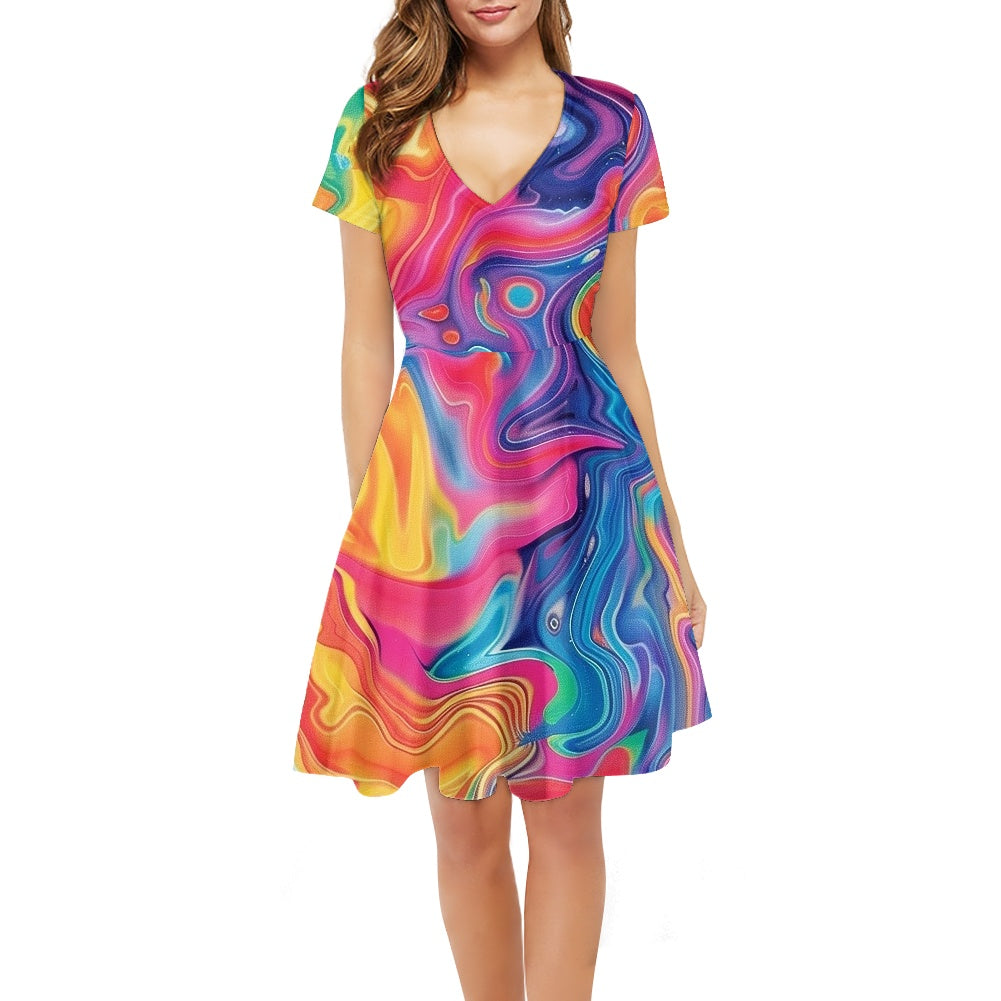 Women V-Neck Short Sleeve Ruffle Dress