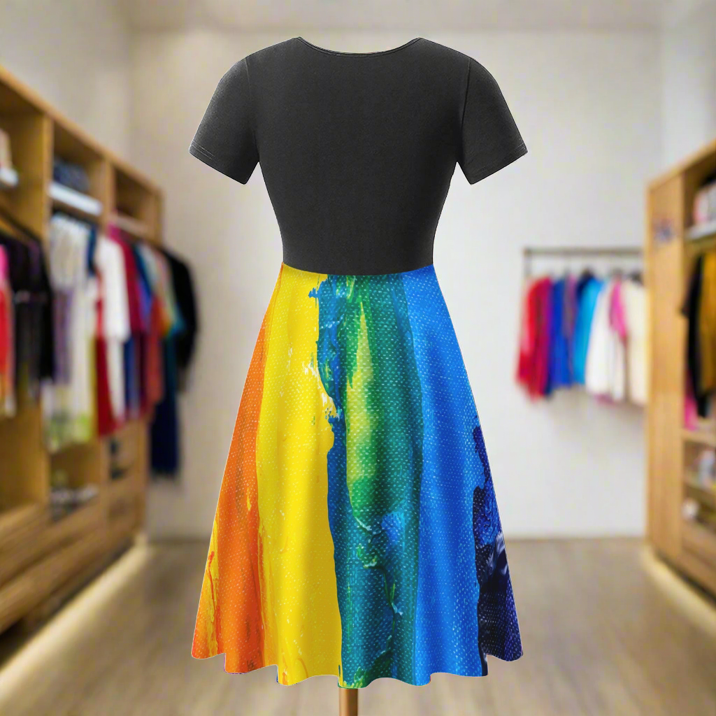 Rainbow Painting Black V-Neck Women Ruffle Bottom Dress