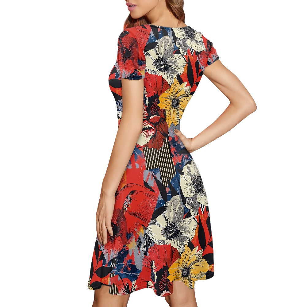 Women Scoop Neck Short Sleeve Ruffle Dress