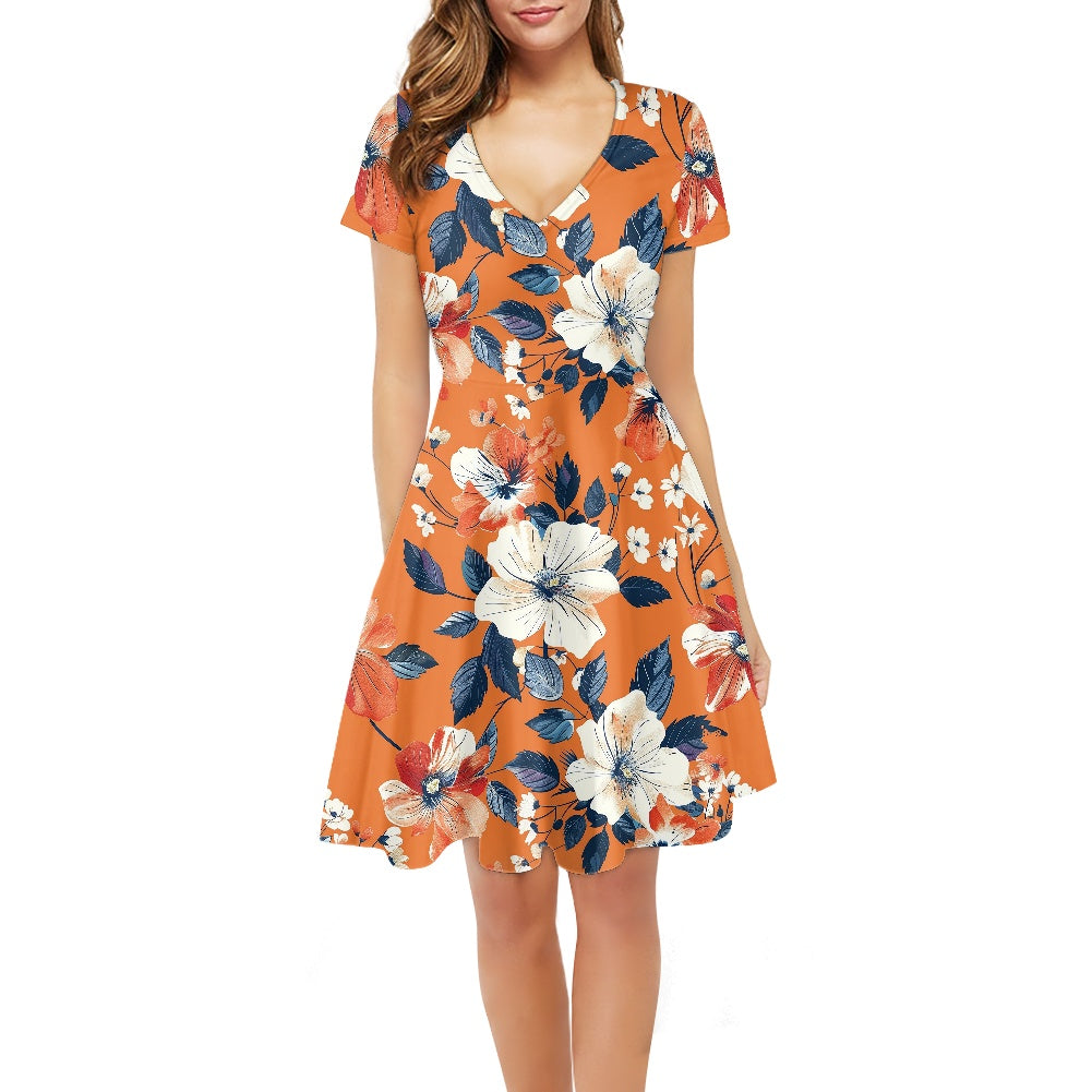 Women V-Neck Short Sleeve Ruffle Dress