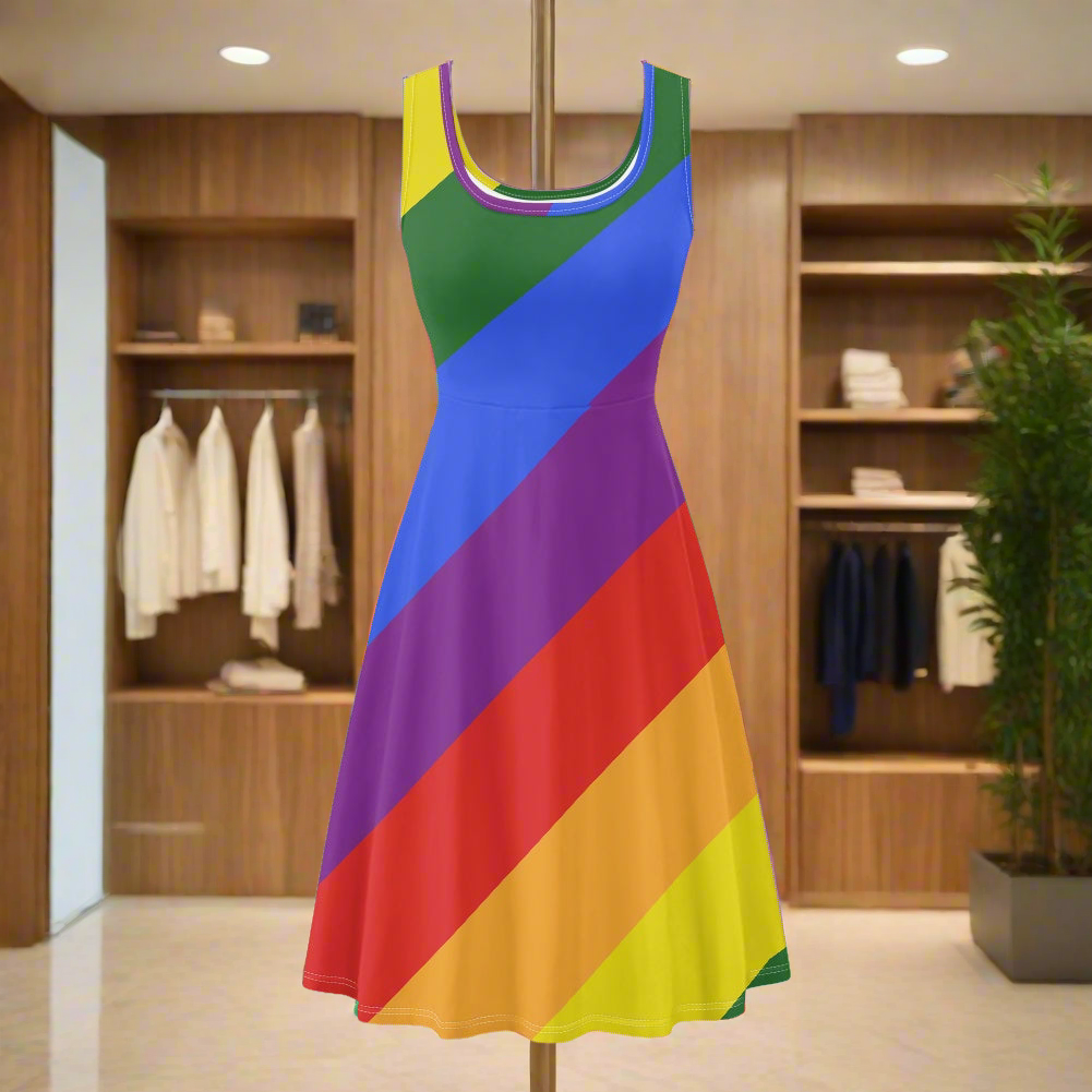 Rainbow Tank Dress for Women - Scoop Neckline, Sleeveless, Customizable, Perfect for Summer and Pride Events