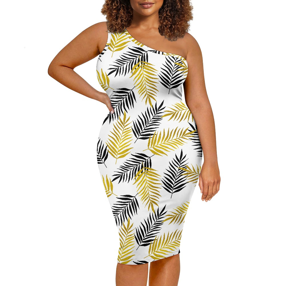 Discover Elegance: Luxtrini's One-Shoulder Slim Dress - Palm Fronds