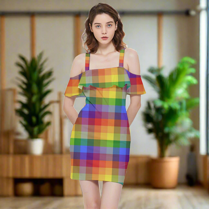 Rainbow Plaid Shoulder Frill Bodycon Summer Dress