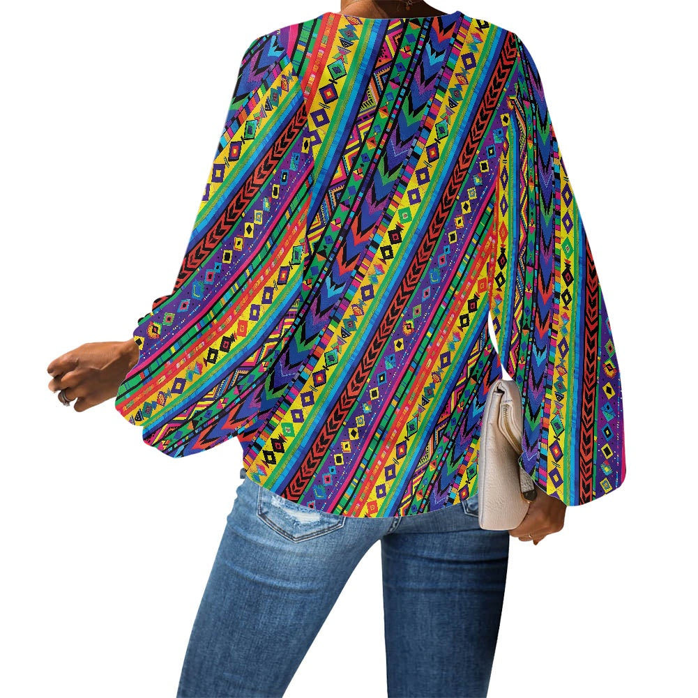 V-Neck Chiffon Puff Sleeve Blouse by Luxtrini