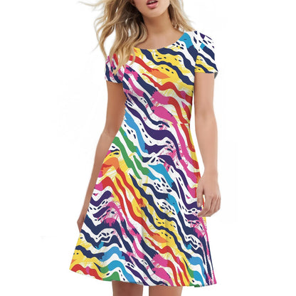 Rainbow Animal Print Women Scoop Neck Short Sleeve Ruffle Dress