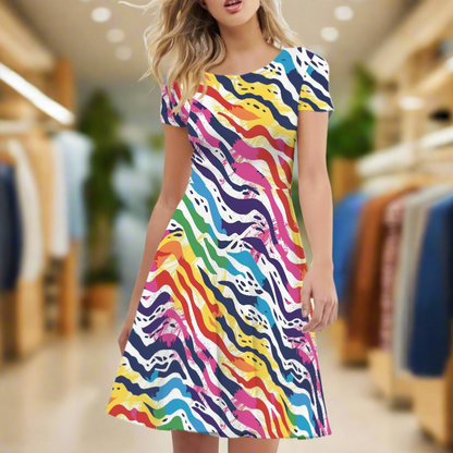 Rainbow Animal Print Women Scoop Neck Short Sleeve Ruffle Dress