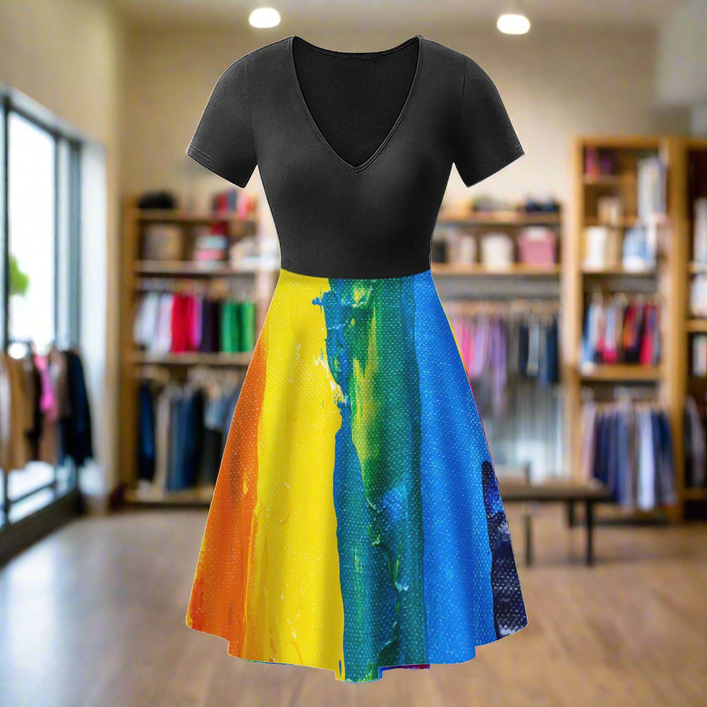 Rainbow Painting Black V-Neck Women Ruffle Bottom Dress