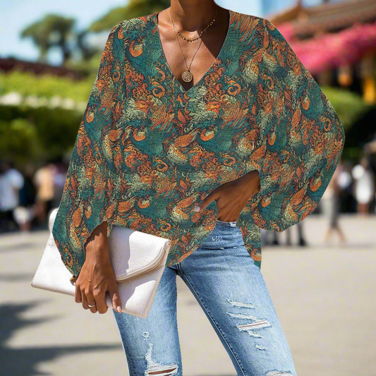 Phoenix and Dragon V-Neck Chiffon Puff Sleeve Blouse by Luxtrini