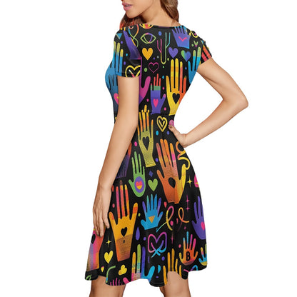 Women Scoop Neck Short Sleeve Ruffle Dress